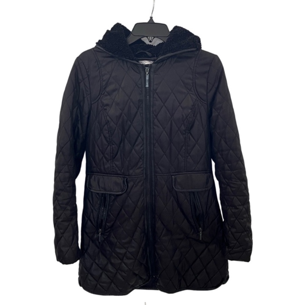 Kensie Black Puffer Jacket with Hood and Diamond Quilting